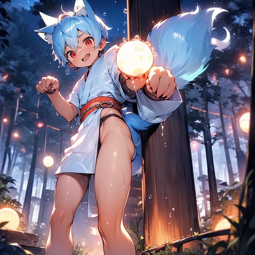 (solo:2), (boldline:-1.7), (paw pose:1.4), (arched back), ((bubble)), (standing:1.5), (spread legs:1.3), (((fang))), (((best finger))), BREAK (best quality:1.5), (absolutely resolution:1.5), (ultra detailed:1.5), (masterpiece:1.5), (perfect face), (detailed face), (detailed eyes), (best eyes), (cute face), (shota:2.1), BREAK (blue kimono:1.5), BREAK (white loincloth:1.5), (fox ears:1.5), (fox tail:1.5), (see throgh wet clothes:1.3), (bulge:1.6), (skinny:1.3), BREAK (light blue hair:1.5), (spiked hands), (wine red eyes:1.4), (eyes with highlight:1.6), ((mole under eye)), (sweaty skin), (chuckling:1.5), ((earrings)), (shiny skin:1.3), BREAK (forest:1.5), (blun orbs:1.5), (((at night))), ((wind blowing)), ((nipple)), (abs), groin, from above,