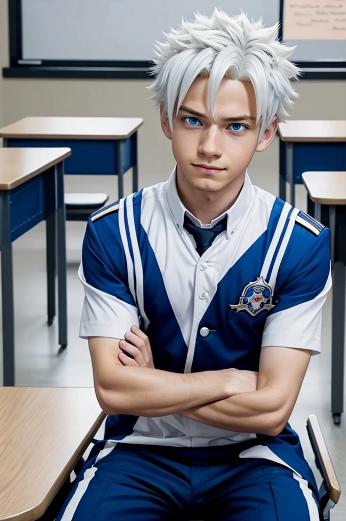 Screenshot My Hero Academia Boy with white hair wearing U uniform. With blue eyes and sitting in the classroom of my hero Academia