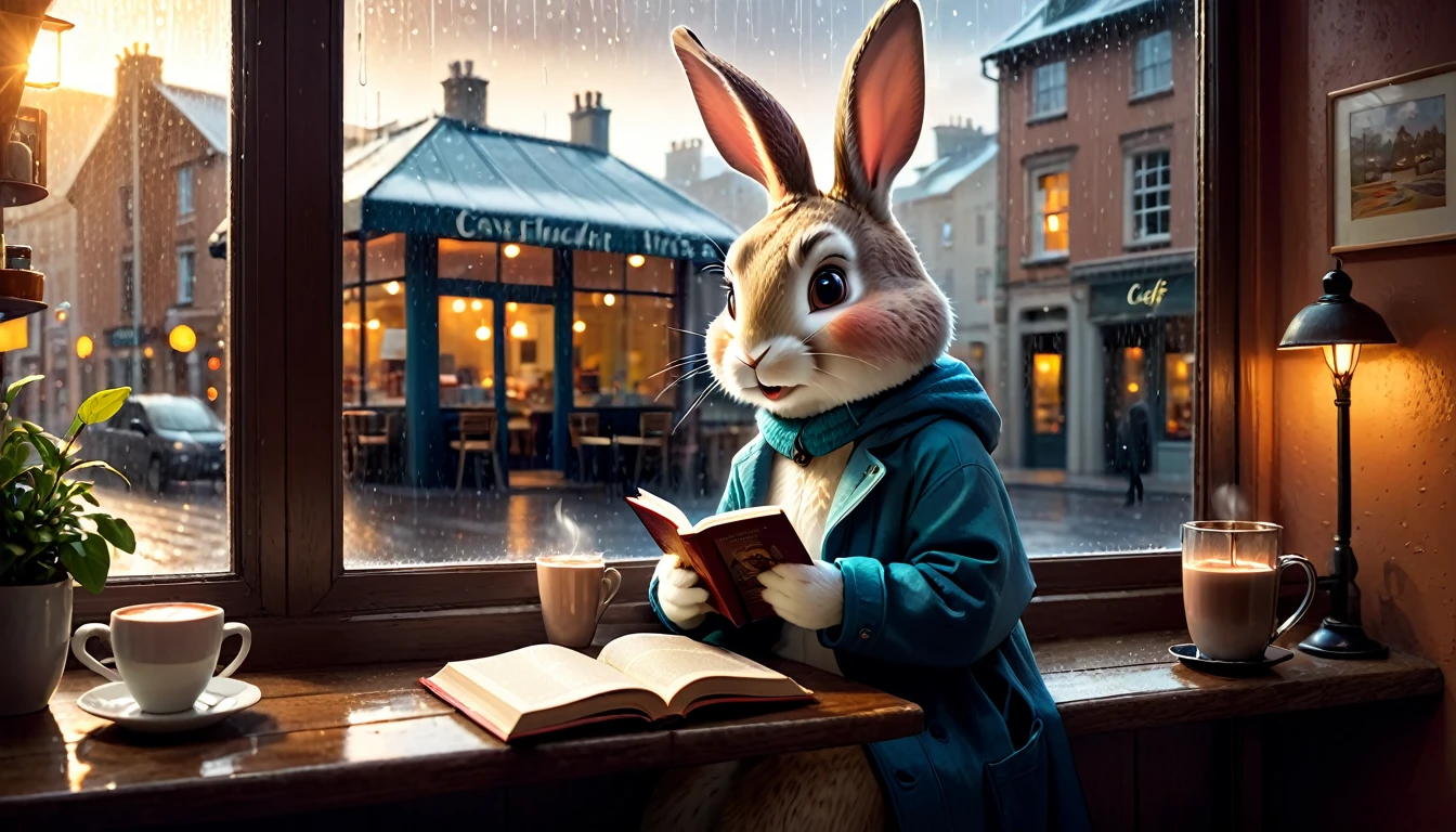 It's raining outside. A scene from a cafe with a warm atmosphere. An anthropomorphic rabbit is reading a book while drinking hot chocolate at a window seat. The warm light and calm expression are impressive.