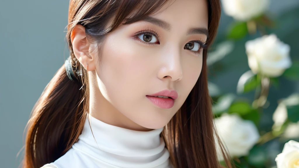(detailed face),VIVID,pretty,sleeveless and turtle neck white silky clothes,4k ,super high resolution ,(photo-realistic: 1.7), white background,long hair,a white rose,