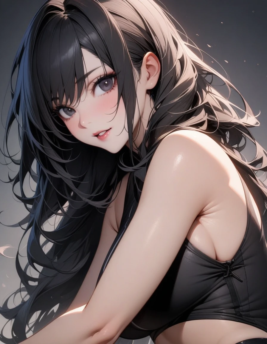 Mature big sister,Black long hair,Black tube top,Chinese style,Beautiful black eyes,Extremely detailed,high resolution,Simple background