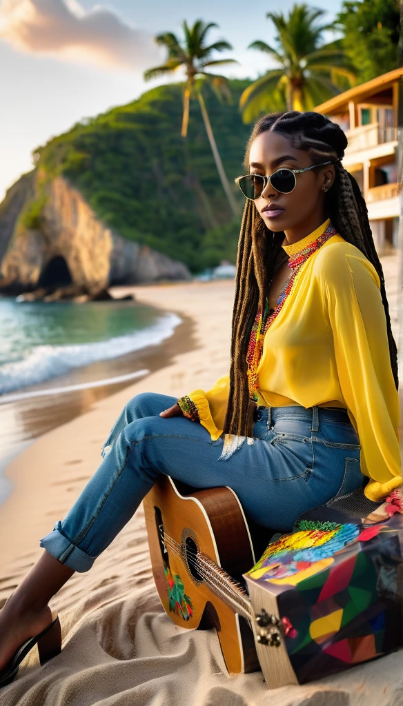 A captivating low angle shot shot photograph of a beautiful young woman with long, braided hair, and a sunglasses over her hair, rasta style, playing an acoustic guitar with lots of stickers on it, at Jamaican village by the sea with morning sky background. Her cozy scene exudes warmth and comfort, with a soft glow emanating from the sunrise. The flowing colourful blouse and denim pants she wears adds an ethereal touch to the scene, contrasting with the beach sand. Her gentle gaze meets the viewer's eye, inviting them into her tranquil and introspective moment. The 3/4 perspective view of the photograph adds depth and dimension to the intimate scene., photo
