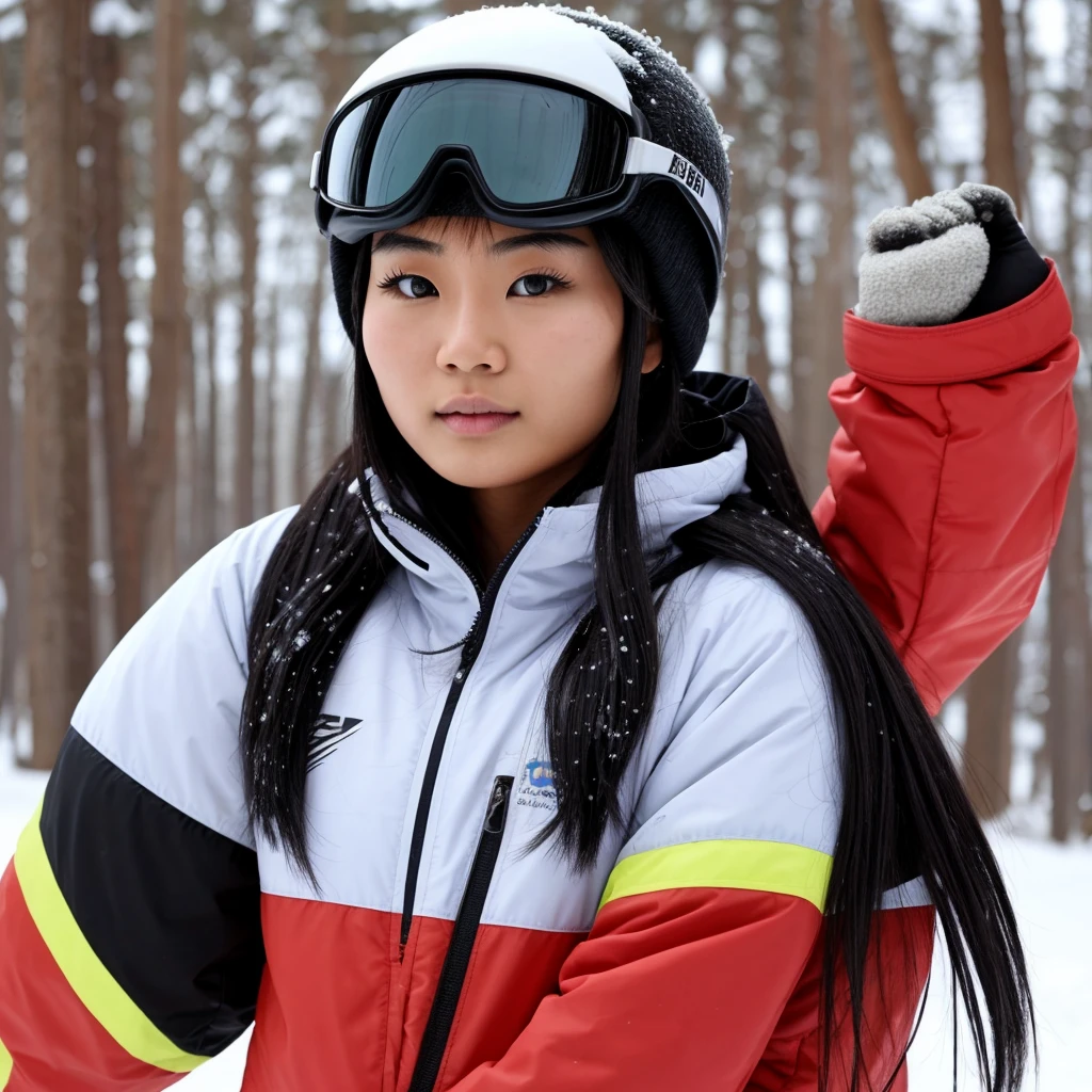 Beautiful asian woman with long black hair and a small face, training to be an olympic snowboarder