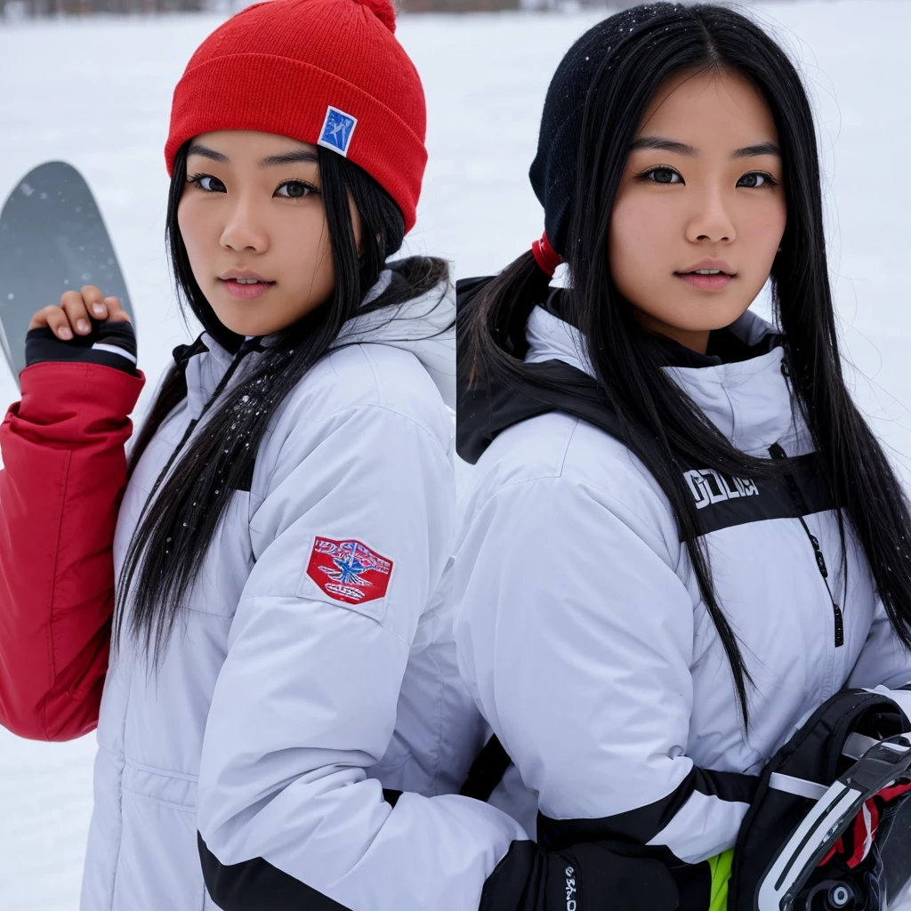 Beautiful asian woman with long black hair and a small face, training to be an olympic snowboarder
