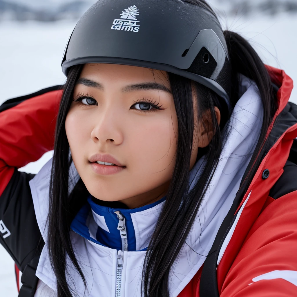 Beautiful asian woman with long black hair and a small face, training to be an olympic snowboarder