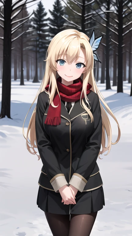 masterpiece, best quality, highres, aasena, long hair, hair ornament, large breasts, winter clothes, scarf, pantyhose, snow, tree, park, smile