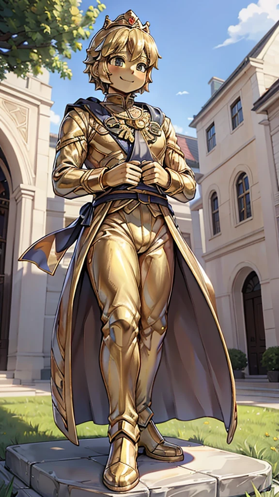 王子的Gold statue，Prince style，Prince costume，宫廷Dress，Gold statue，男孩的Gold statue，带着黄金冠冕的Gold statue，脚边停着一只燕子的Gold statue，Golden Boy Statue，Gold statue，Dress，Dress，西式宫廷男士Dress，Cute boy，British style，Victorian style，crown，crown，Golden Boy Sculpture，Golden Boy Statue，Gold statue，佩剑的Gold statue，腰带上挂着配剑的Gold statue，Giant golden statue，Giant golden statue，Outdoor Background，Smiling statue，