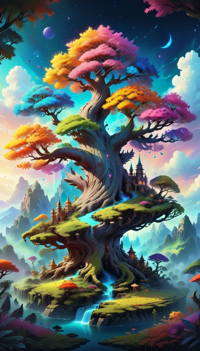 3D rendering of a wonderfully beautiful fantasy world with Grasil trees, Pandora Nature Style, Avatar, Rich Nature, Highly detailed and exquisite, Hypermaximalist, elegant, Ultra-realistic, Very detailed, Vibrant colors, sunrise, Brilliant, dynamic, joint, 8K