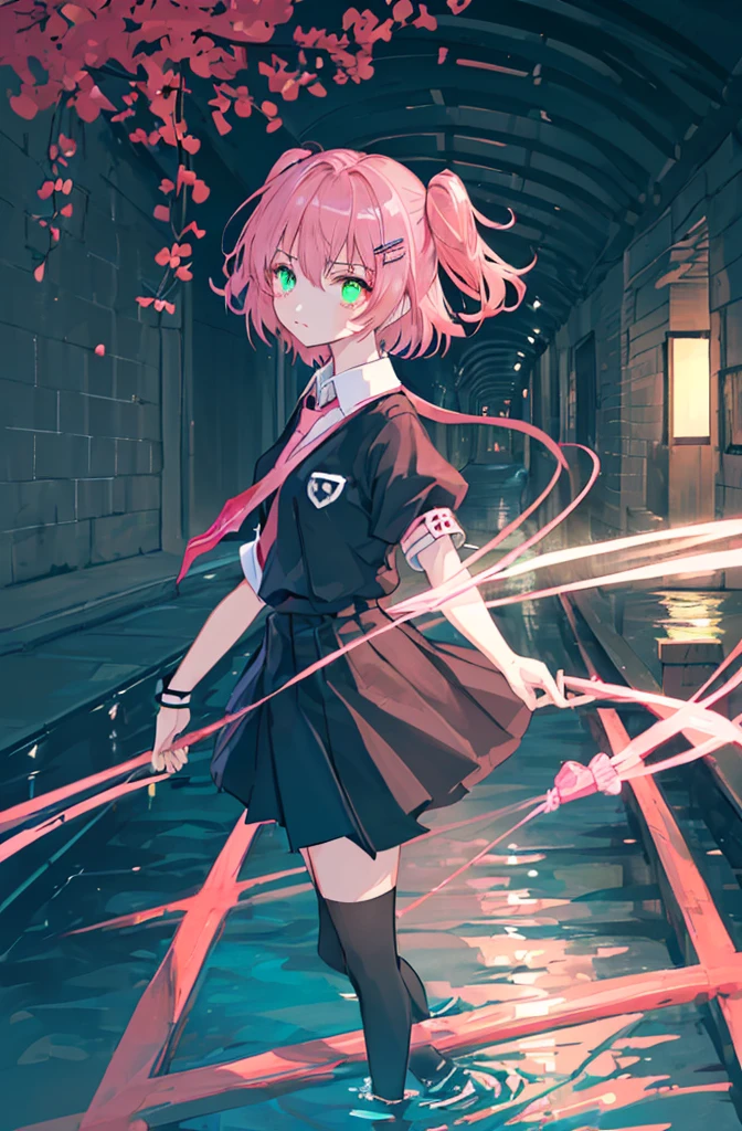 [(underground waterway background:1.4)::5],Original,(Illustration:1.1),(Best Quality),(masutepiece:1.1),(the Extremely Detailed CG Unity 8K Wallpapers:1.1), (Colorful:0.9),(mid-shot:0.95),(very detailed beautiful face and eyes),(Solo:1.2), (((girl))),(()), (Detailed beautiful eyes:1.15), (Beautiful face:1.15), (Glowing green eyes:1.25////),(((Pink short hair))),((two side up)),(Pink ribbon),(red necktie),(+perfect hand+:1.21),(Draw an illustration of a loli girl),(ent clothes),Long sleeve,(bulging sleeves),fluffy hair,Elementary school girls,Short stature,Buriko,Ruffled uniforms,hair clips,Ridicule,(heart mark),(Religious),(slender),Shady face,Lori,furious face,underground waterway,((dark place)),((dark place)),((dark place)),((dark place)),((Dark underground canals where light does not reach)),