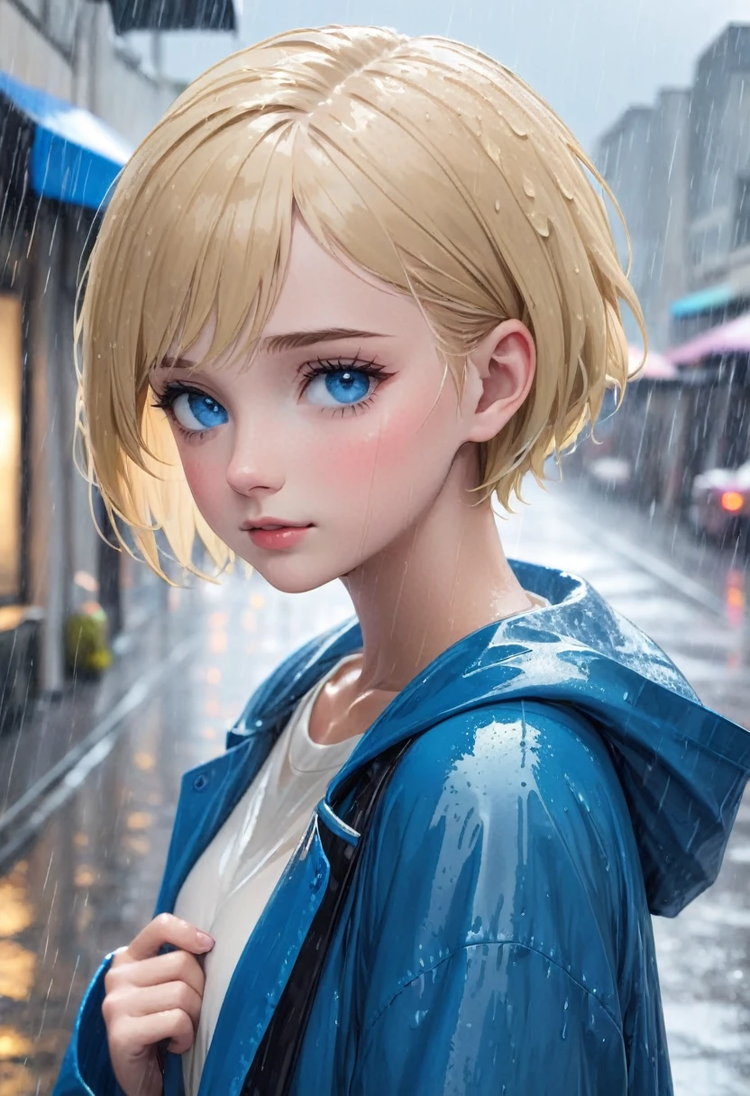 Girl, very short blonde hair, blue eyes, wearing a simple , in the rain.