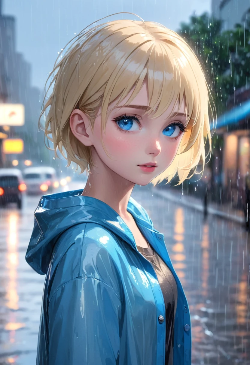Girl, very short blonde hair, blue eyes, wearing a simple , in the rain.