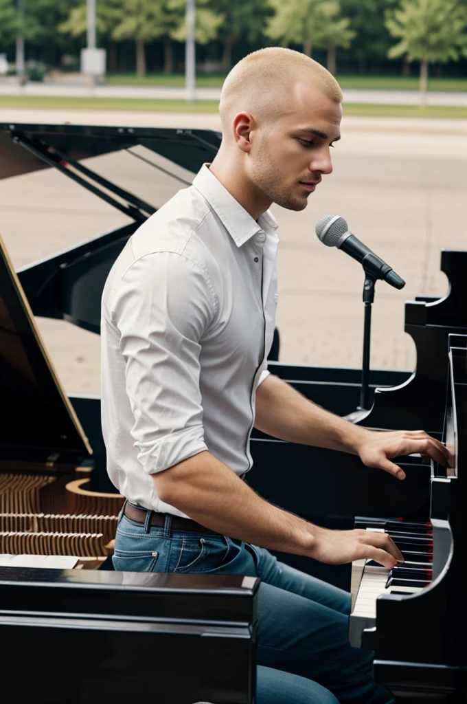 Man with blond buzz cut hair playing grand piano in empty parking lot