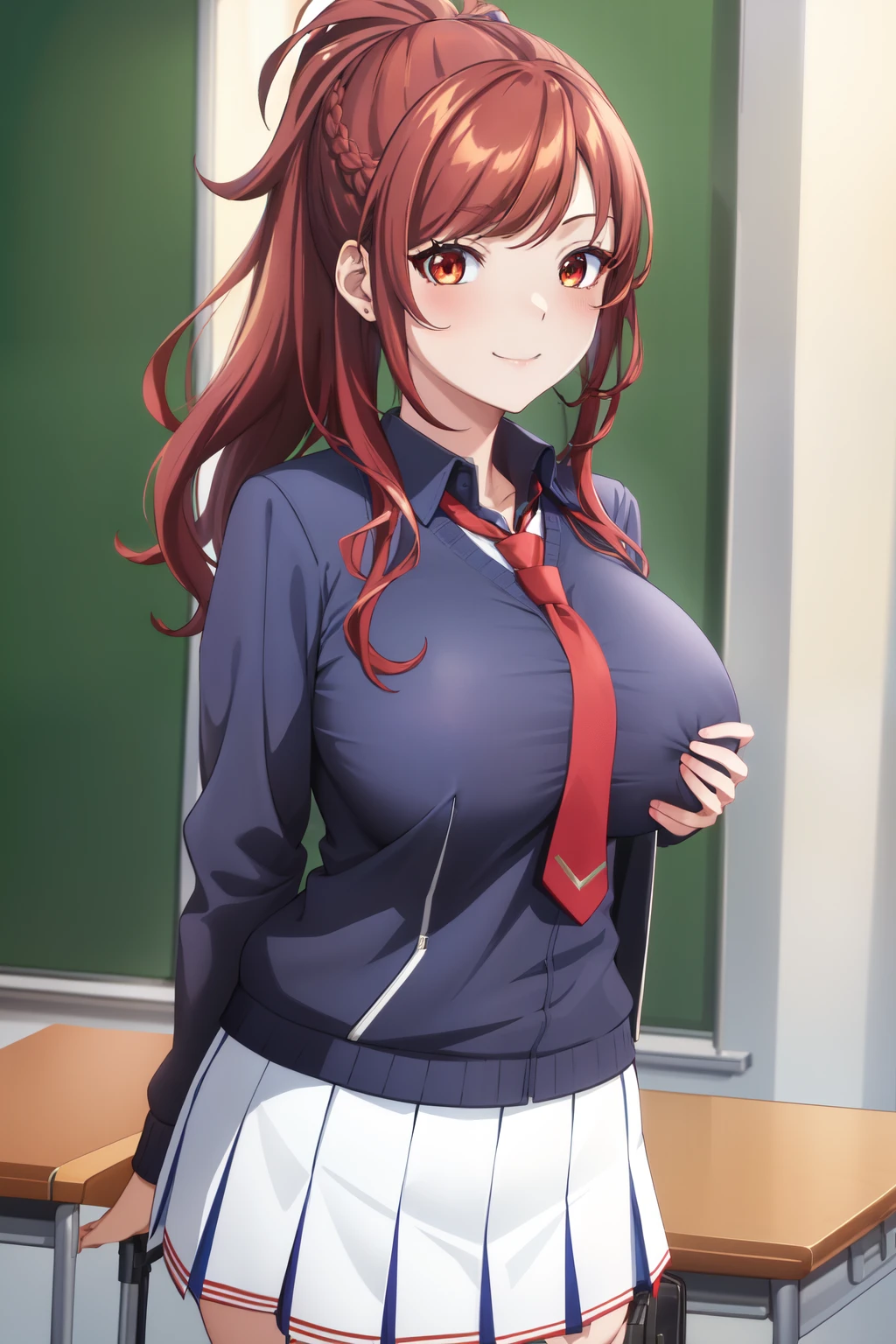 best quality, ((masterpiece)), highly detailed, school, classroom, 1girl, Kazama Kaede, looking at the viewer, smile, closed mouth, red eyes, red hair, long hair, ponytail, braid, bangs, (blue necktie:1.2), collared shirt, ((big breast)), black sweater, white jacket, miniskirt, white skirt, open clothes