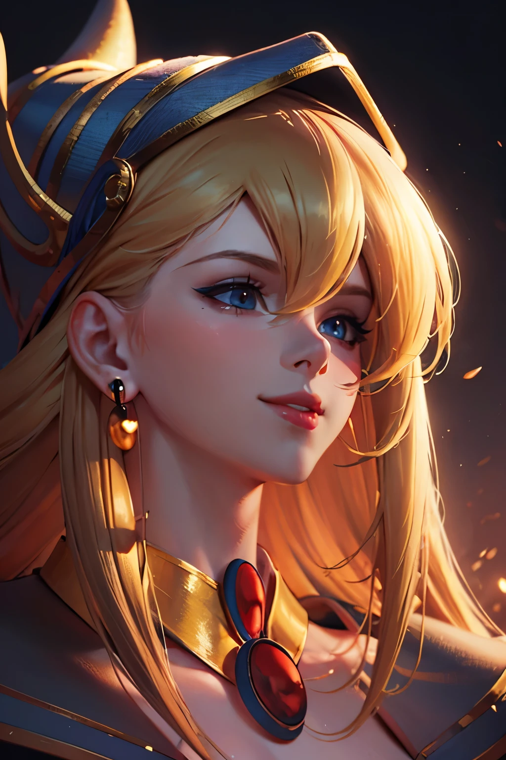 Beautiful face of dark wizard gils.. Blue eyes. Red lips. long blonde hair. gold necklace. gold earrings. smile on his lips. beautiful. Perfect face. half body shot. Half body only 
