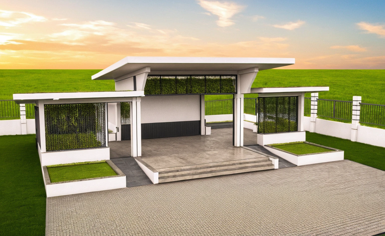 Masterpiece, high quality, best quality, authentic, super detail, outdoors, huts style modern, bietthuhn, white concrete wall, field landscape, sunset, gate road, pavement, grass, trees, blue sky, cloud, (day:1.1), realistic lighting