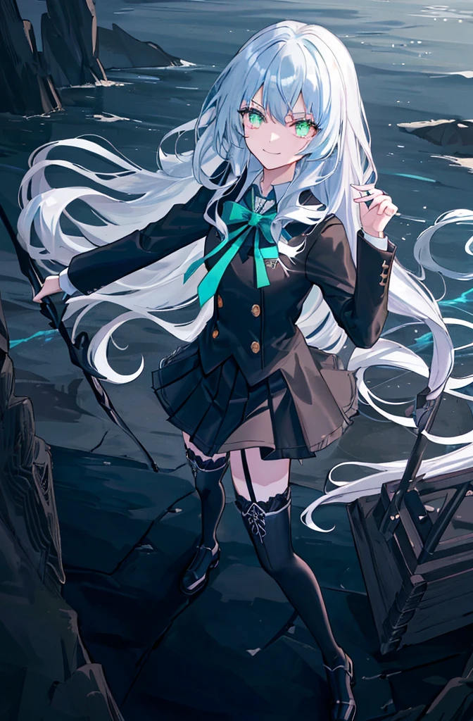 deep cave background,original,(illustration:1.1),(best quality),(masterpiece:1.1),(extremely detailed CG unity 8k wallpaper:1.1), (colorful:0.9),(mid shot:0.95),(highly detailed beautiful face and body),(solo:1.2), (girl),(((adult))), (detailed beautiful eyes:1.15), (beautiful face:1.15), (glowing green eyes:1.25////),((jewel-like eyes)),(petite),(cute girl),(((blue long hair))),((blue long hair)),(wavy hair),((wavy hair)),(+perfect hand+:1.21),(gothic school uniform),(Religious),(slender),(black clothes),(gothic ribbon),ribbon tie,small breasts,miniskirt,gothic boots,black thighhighs,slim body,(evil smile),detailed background,eluding,erotic thighs,((look up to)),((stand ready for enemy attack)),deep in the cave,angle from slightly above,