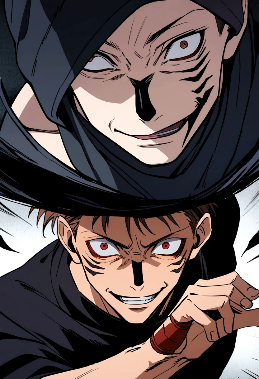 an image split in 2 vertically , On the left side there is Sukuna from Jujutsu Kaisen with an evil face and on the right side a boy with medium-long brown hair, black clothes with a beanie hat, symmetrical image anime