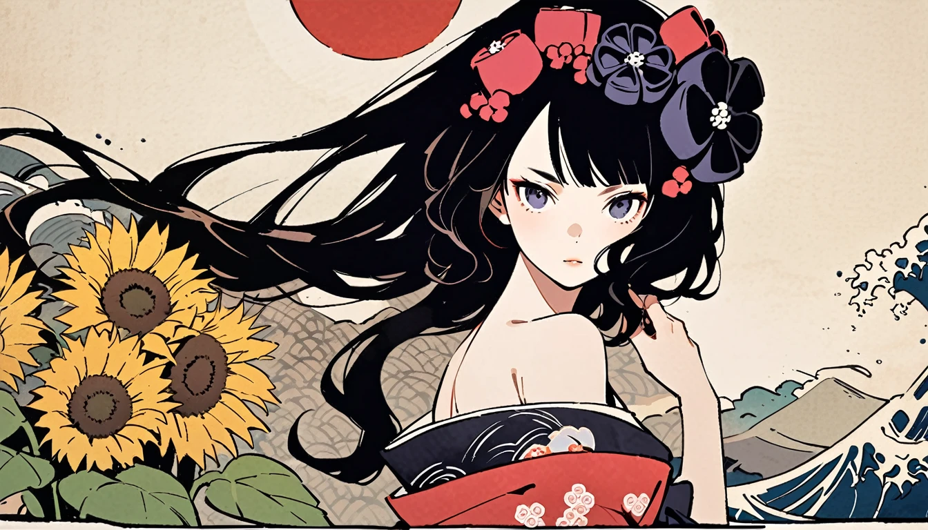 Highest quality, Katsushika Hokusai, Ink Painting, (((longhair))), sunflower, beautiful girl, Black Hair, Delicate and precise, Modern ukiyo-e style,