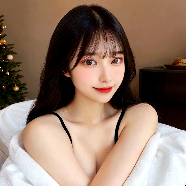 Long, straight black hair Bangs, straight and natural Oval-shaped face, well-balanced contour Large, round dark-colored eyes Small, well-shaped nose Small mouth, naturally full lips, warm smile Thin, neatly shaped eyebrows Clean and approachable aura, white swimsuits, well-proportioned body Cozy indoor setting, soft lighting Realistic skin texture and facial details Universally appealing look