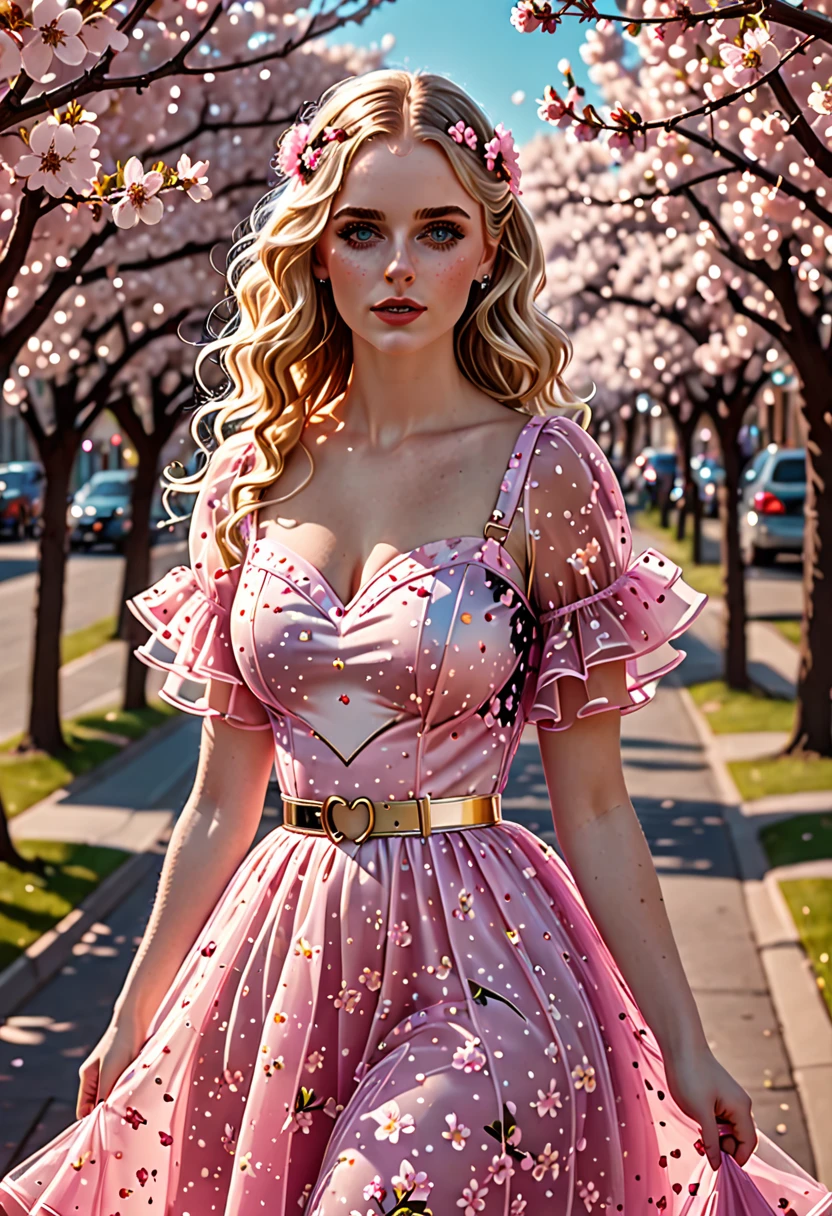 A beautiful curvy blonde kid wearing a sweet Pink Party Contrast Mesh, Ruffle Hem, All Over cherry blossoms Print, A Line, Short puff Sleeves, Sweetheart neckline, thin gold belt with tiny heart buckle, High Waist,Flounce hem Long gown, very long curling hair, cute, sweet, town picnic, warm party atmosphere, pretty, pretty lighting, 8k, octane render, detailed, detailed background, 35mm, realistic, photorealistic, perfect face, cherry blossoms barrettes in hair, freckles, American 