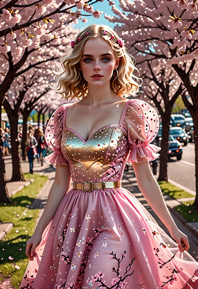 A beautiful curvy blonde kid wearing a sweet Pink Party Contrast Mesh, Ruffle Hem, All Over cherry blossoms Print, A Line, Short puff Sleeves, Sweetheart neckline, thin gold belt with tiny heart buckle, High Waist,Flounce hem Long gown, very long curling hair, cute, sweet, town picnic, warm party atmosphere, pretty, pretty lighting, 8k, octane render, detailed, detailed background, 35mm, realistic, photorealistic, perfect face, cherry blossoms barrettes in hair, freckles, American 