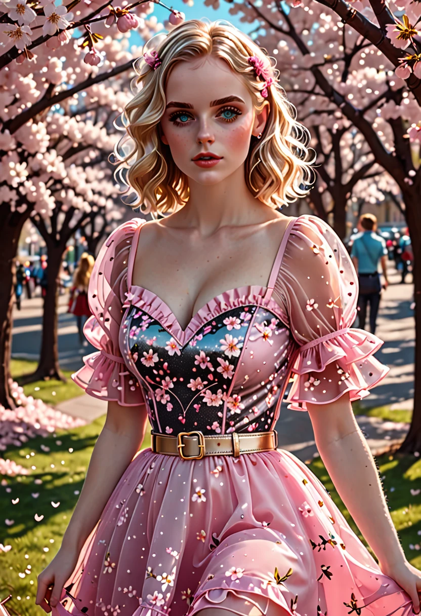 A beautiful curvy blonde kid wearing a sweet Pink Party Contrast Mesh, Ruffle Hem, All Over cherry blossoms Print, A Line, Short puff Sleeves, Sweetheart neckline, thin gold belt with tiny heart buckle, High Waist,Flounce hem Long gown, very long curling hair, cute, sweet, town picnic, warm party atmosphere, pretty, pretty lighting, 8k, octane render, detailed, detailed background, 35mm, realistic, photorealistic, perfect face, cherry blossoms barrettes in hair, freckles, American