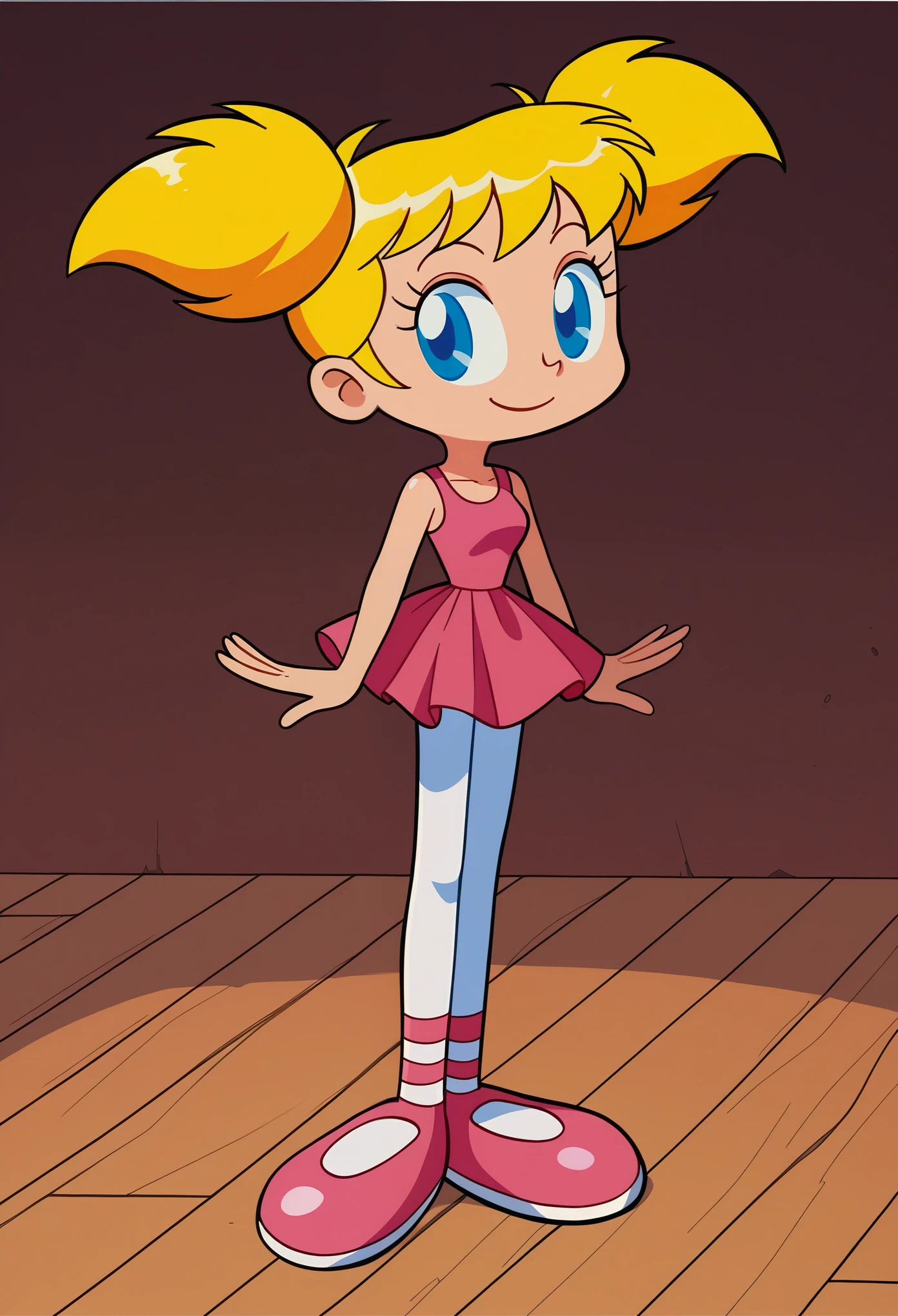 score_8, score_9, source_cartoon, retro artstyle, 1girl, dee dee, blonde hair, short twintails, blue eyes, ballet dress, ballet shoes