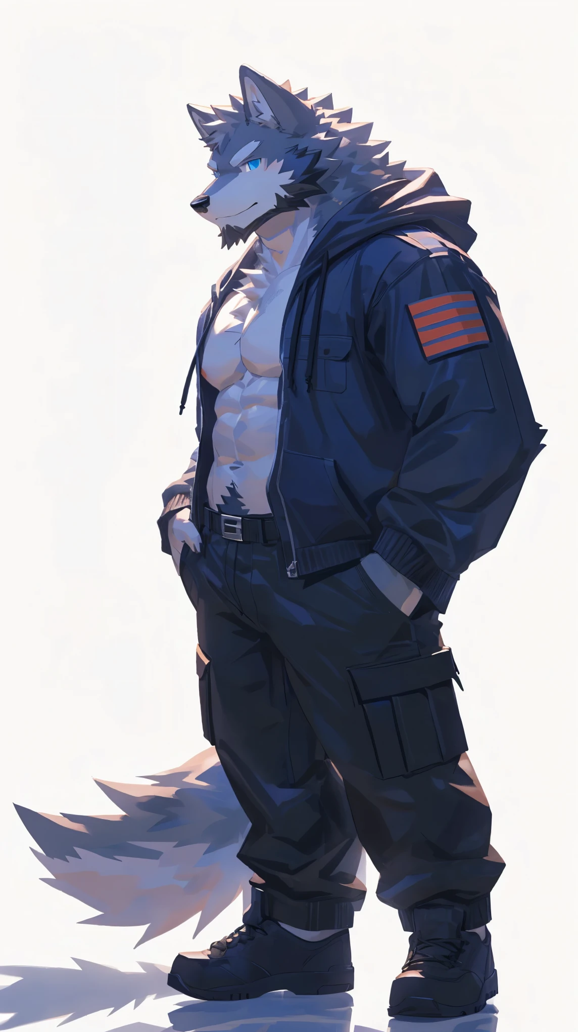 (masterpiece:1.2), best quality,pixiv,official art,perfect anatomy, (Ray tracing, light),solo, (1_male:1.3) , (muscle), (gray fur:1.4), (muscle bear), (beard:1.2), (gleaming golden eyes), Thick black eyebrows, (open hoodie:1.3), (naked inside:1.2), cargo shorts, boots, standing alone, unhappy , (pure white background with a big hourglass :1.3) , less background , front view