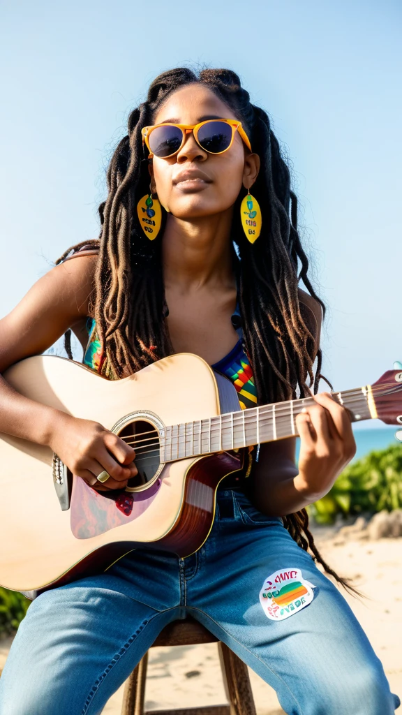 A captivating low angle shot shot photograph of a beautiful young woman with long, braided hair, and a sunglasses over her hair, rasta style, playing an acoustic guitar with lots of stickers on it, at Jamaican village by the sea with morning sky background. Her cozy scene exudes warmth and comfort, with a soft glow emanating from the sunrise. The flowing colourful blouse and denim pants she wears adds an ethereal touch to the scene, contrasting with the beach sand. Her gentle gaze meets the viewer's eye, inviting them into her tranquil and introspective moment. The 3/4 perspective view of the photograph adds depth and dimension to the intimate scene., photo