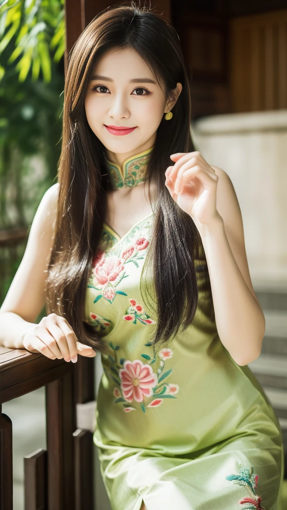 ulzzang-6500-v1.1,(Masterpiece, BestQuality:1.3),(Top image quality,8K:1.3),Realistic high-quality photos,top-quality,Real, Photorealistic, 8K, japanese, Delicate beautiful girl,Very nice atmosphere with sparkling eyes,20yo, Attractive eyes and moist lips,long black hair,(smile:1.3),detailed depiction of the face,Detailed description of facial features ,fine detail,Detailed depiction of hair,My body is bumpy,Detailed depiction of hands,detailed costumes,perfect face,4 fingers and 1 thumb:1.3),orthofacial,choker necklace,ear drops, works of masters,extremely close to reality,(full body photo:1.5),best image quality,best quality,endless details,(((Beautiful patterned embroidered Chinese dress 1.3))),((green silk cheongsam))),(ancient courtyard scene:1.3),laughter, small of the waist, sexy pose,bold pose, Beautiful legs visible through the slit of a long skirt, big and full breasts, neatly tied hair
