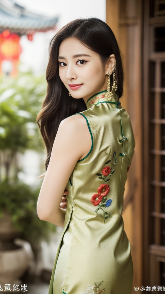 ulzzang-6500-v1.1,(Masterpiece, BestQuality:1.3),(Top image quality,8K:1.3),Realistic high-quality photos,top-quality,Real, Photorealistic, 8K, japanese, Delicate beautiful girl,Very nice atmosphere with sparkling eyes,20yo, Attractive eyes and moist lips,long black hair,(smile:1.3),detailed depiction of the face,Detailed description of facial features ,fine detail,Detailed depiction of hair,My body is bumpy,Detailed depiction of hands,detailed costumes,perfect face,4 fingers and 1 thumb:1.3),orthofacial,choker necklace,ear drops, works of masters,extremely close to reality,(full body photo:1.5),best image quality,best quality,endless details,(((Beautiful patterned embroidered Chinese dress 1.3))),((green silk cheongsam))),(ancient courtyard scene:1.3),laughter, small of the waist, sexy pose,bold pose, Beautiful legs visible through the slit of a long skirt, big and full breasts, neatly tied hair