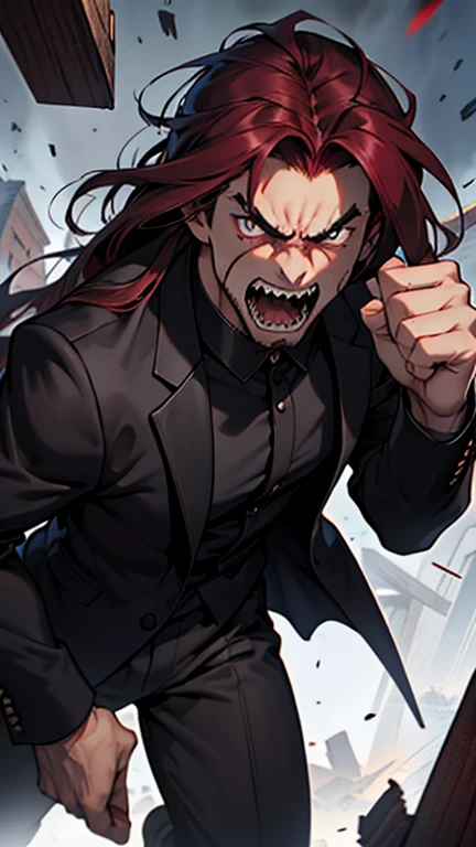  High detailed, a 22 yo's Guy, burgundy colored long hair, Black eyes, medium musculature, Sharp teeth, angry face, angry shouting, Sharp nails, indigo tuxedo, background a destroyed house