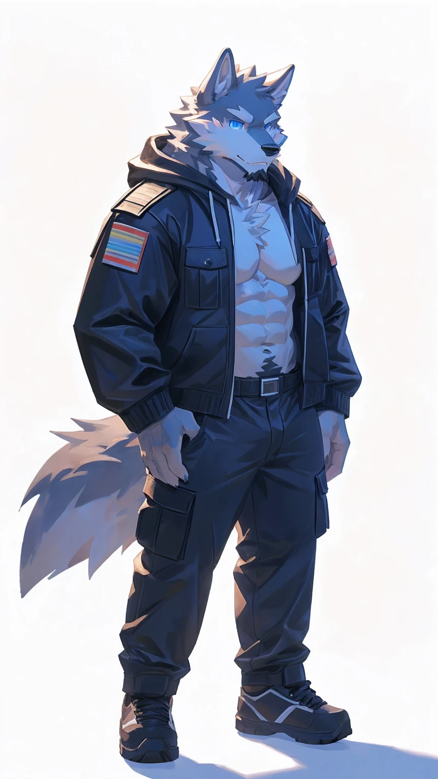 white background, Furry, wolf, male, muscular, wearing jacket, wearing, jeans, look at viewer, smiling