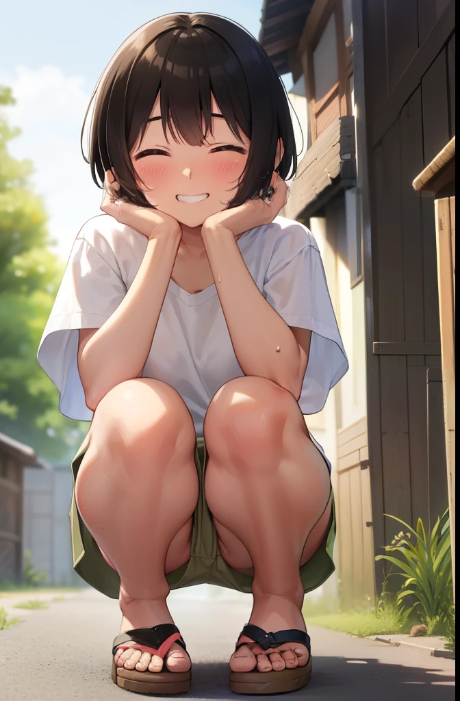 Residential Street,smile,Squat,close your eyes,1 ,short hair,Black Hair,blush,White T-shirt,Olive green shorts,Brown Sandals,White skin,summer,From below,Open your hands,shy,Sweat,Grin,