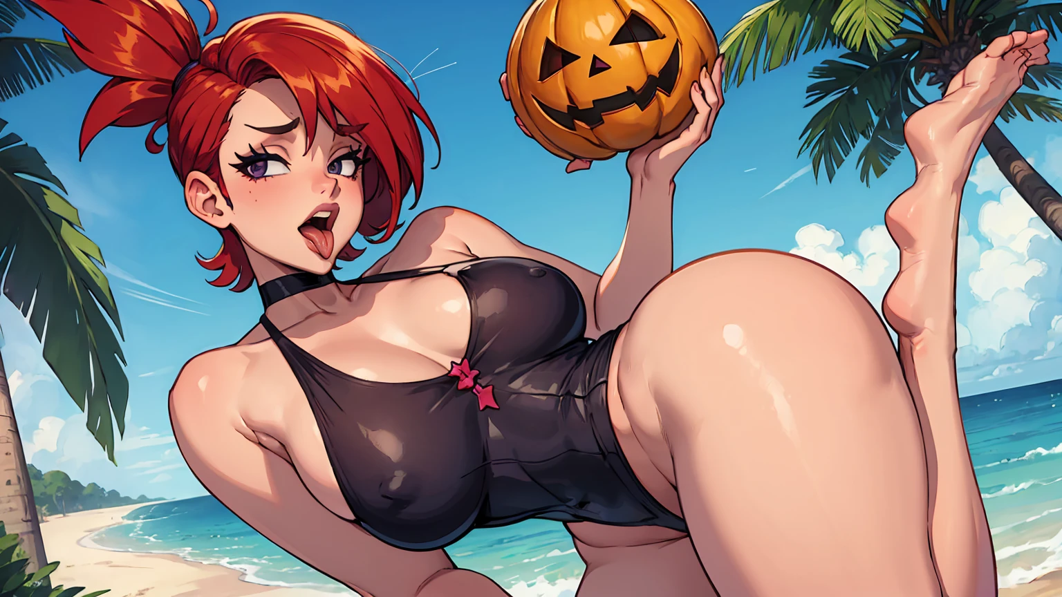 1girl , ((Frankie Foster)) , naked, huge breasts, curvy, thicc, so sweat, look at viewer, tongue out, open mouth, hands touching her, full body, (small waist), beach, ((Jack-o pose))