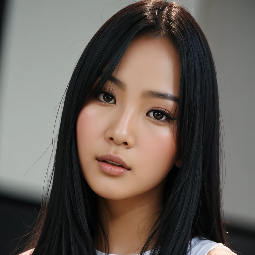 Beautiful asian woman with long black hair and a small face, practicing for her vocal performance at a hip hop concert