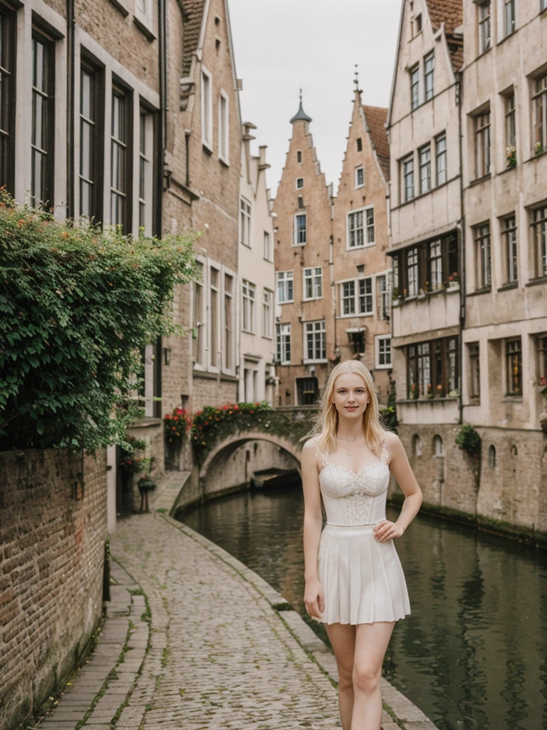 her name is Marie, high quality, 1girl, ((20-year-old fit Caucasian woman)), ((20 years old)), ((fit)), ((pale skin tone)), medium length straight blonde hair , wearing Lace-Up Corset Top + High-Waisted Pleated Skirt, pose: standing, background: Detail the picturesque streets of Bruges, Belgium, where cobblestone lanes, historic buildings, and serene canals create a postcard-perfect scene.