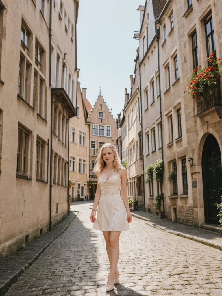 her name is Marie, high quality, 1girl, ((20-year-old fit Caucasian woman)), ((20 years old)), ((fit)), ((pale skin tone)), medium length straight blonde hair , wearing Lace-Up Corset Top + High-Waisted Pleated Skirt, pose: standing, background: Detail the picturesque streets of Bruges, Belgium, where cobblestone lanes, historic buildings, and serene canals create a postcard-perfect scene.