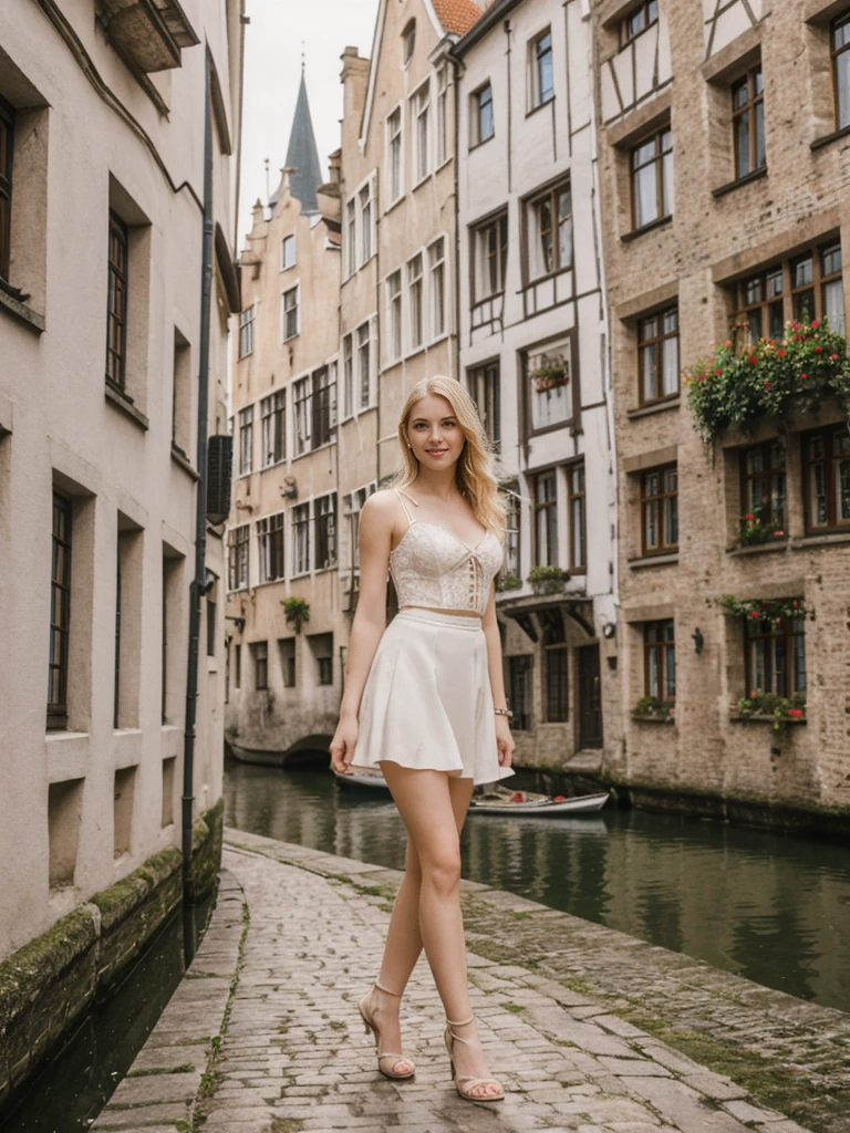 her name is Marie, high quality, 1girl, ((20-year-old fit Caucasian woman)), ((20 years old)), ((fit)), ((pale skin tone)), medium length straight blonde hair , wearing Lace-Up Corset Top + High-Waisted Pleated Skirt, pose: standing, background: Detail the picturesque streets of Bruges, Belgium, where cobblestone lanes, historic buildings, and serene canals create a postcard-perfect scene.