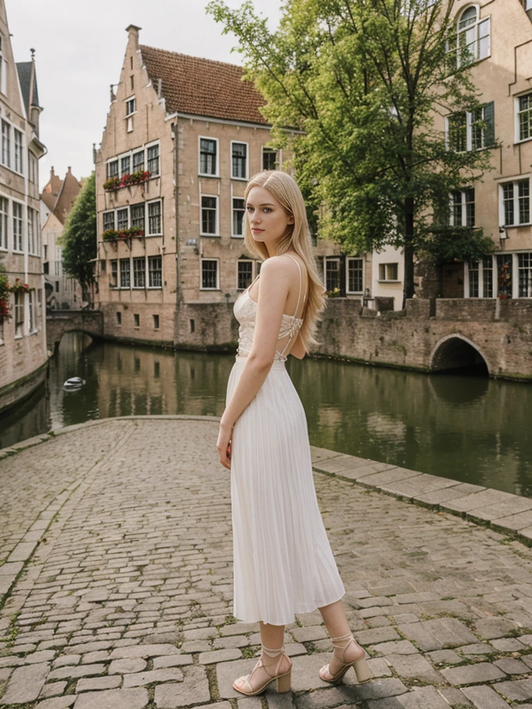 her name is Marie, high quality, 1girl, ((20-year-old fit Caucasian woman)), ((20 years old)), ((fit)), ((pale skin tone)), medium length straight blonde hair , wearing Lace-Up Corset Top + High-Waisted Pleated Skirt, pose: standing, background: Detail the picturesque streets of Bruges, Belgium, where cobblestone lanes, historic buildings, and serene canals create a postcard-perfect scene.