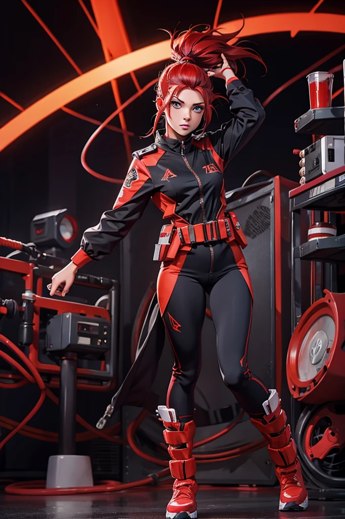 Red work jumpsuit、A woman wearing a costume with glowing red lines, cyber punk, Hard Rock Metal, Mosh Pit, (Highest quality,4K,8K,High resolution,masterpiece:1.2),Live Stage、Costume with glowing red lines、Large sunglasses,Punkish hairstyle、Full body portrait、dynamic dancing
