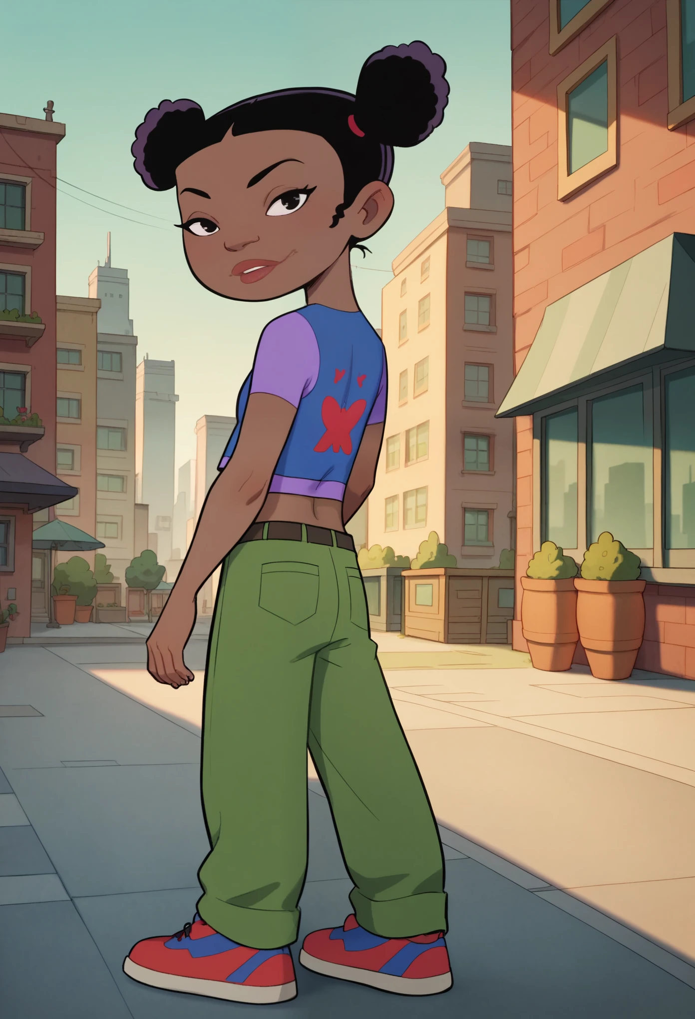 trixiecarter, 1girl, double bun, dark skin, black hair, t-shirt, solo, hair bun, black eyes, midriff, green pants, sneakers,looking at viewer,city, back view,