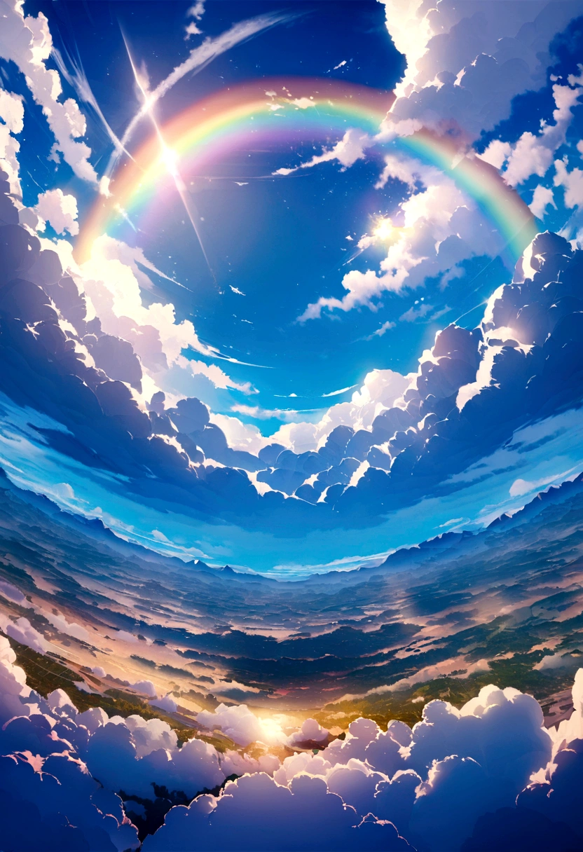 Rainbow in the sky，Thick Clouds，Bright colors，Lens flare brilliance，Ultra-fine，Surreal，Ultra-photorealism，8K resolution，Ultra HD Wallpaper，OC Rendering，superwide shot，Dynamic Viewing Angle