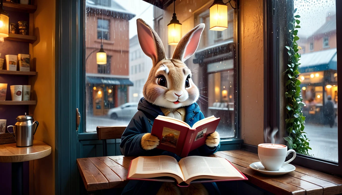 It's raining outside. A scene from a cafe with a warm atmosphere. An anthropomorphic rabbit is reading a book while drinking hot chocolate at a window seat. The warm light and calm expression are impressive.