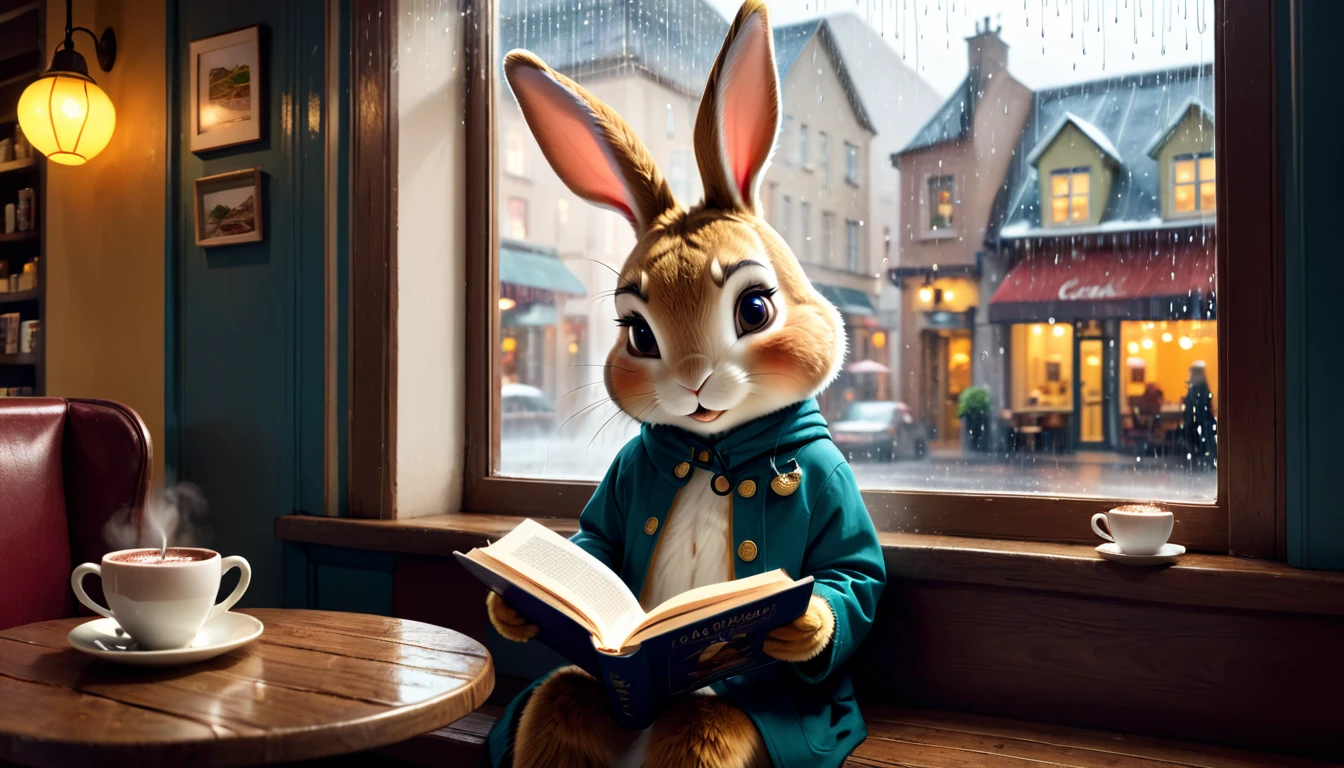 It's raining outside. A scene from a cafe with a warm atmosphere. An anthropomorphic rabbit is reading a book while drinking hot chocolate at a window seat. The warm light and calm expression are impressive.