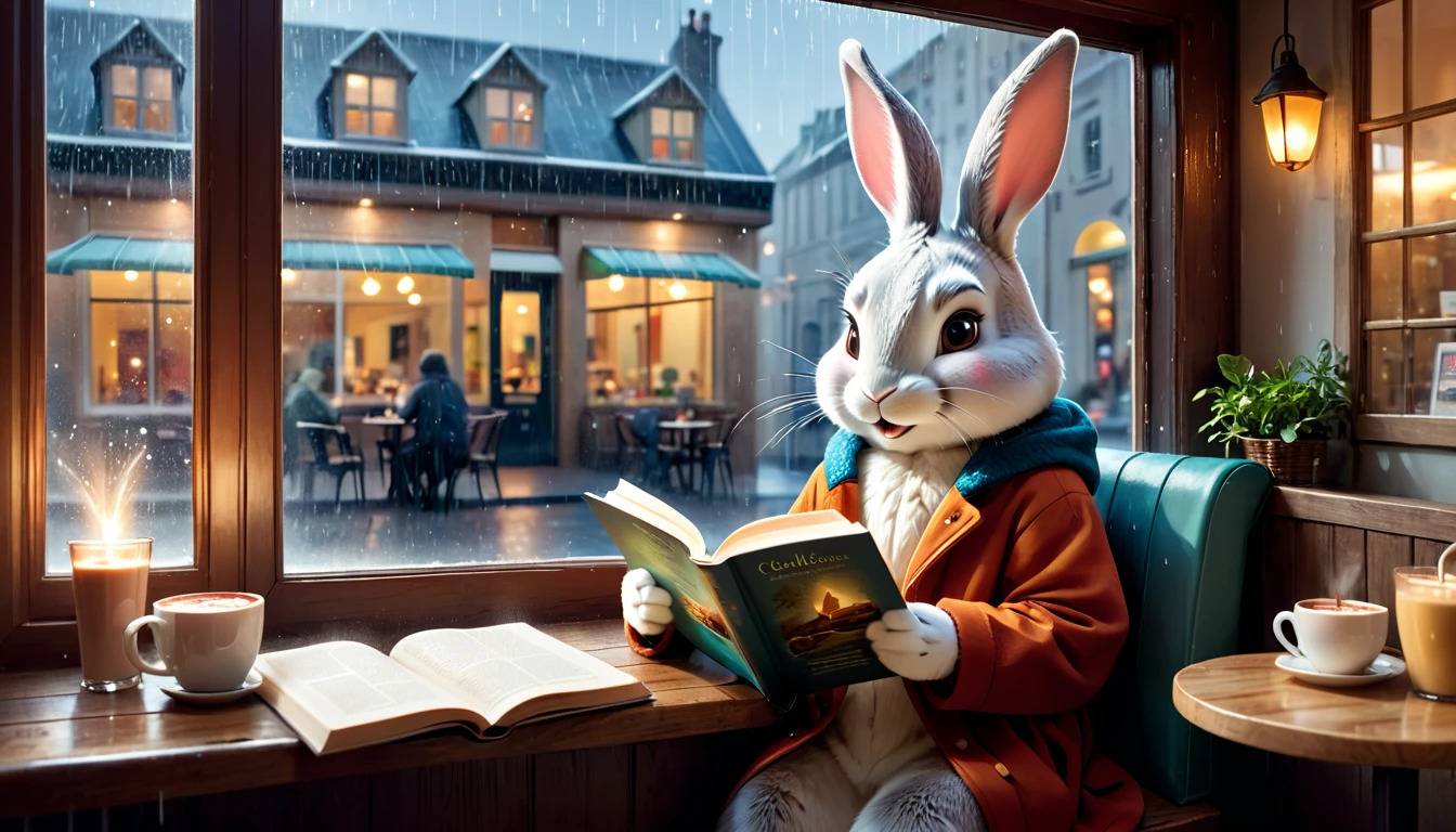 It's raining outside. A scene from a cafe with a warm atmosphere. An anthropomorphic rabbit is reading a book while drinking hot chocolate at a window seat. The warm light and calm expression are impressive.
