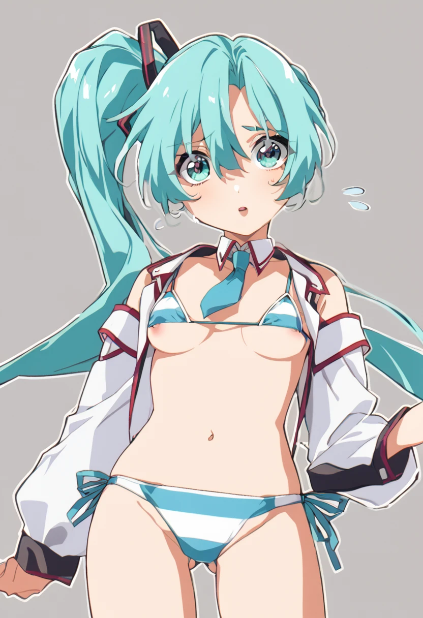  hatsune_miku highres 1girl aqua_eyes aqua_hair ass_visible_through_thighs bikini breasts collar_bikini_miku_(meme) detached_sleeves eyelashes flat_chest flying_sweatdrops hair_between_eyes long_hair meme micro_bikini navel necktie side_ponytail simple_background small_breasts solo striped_bikini striped_clothes swimsuit white_background underboob nipples