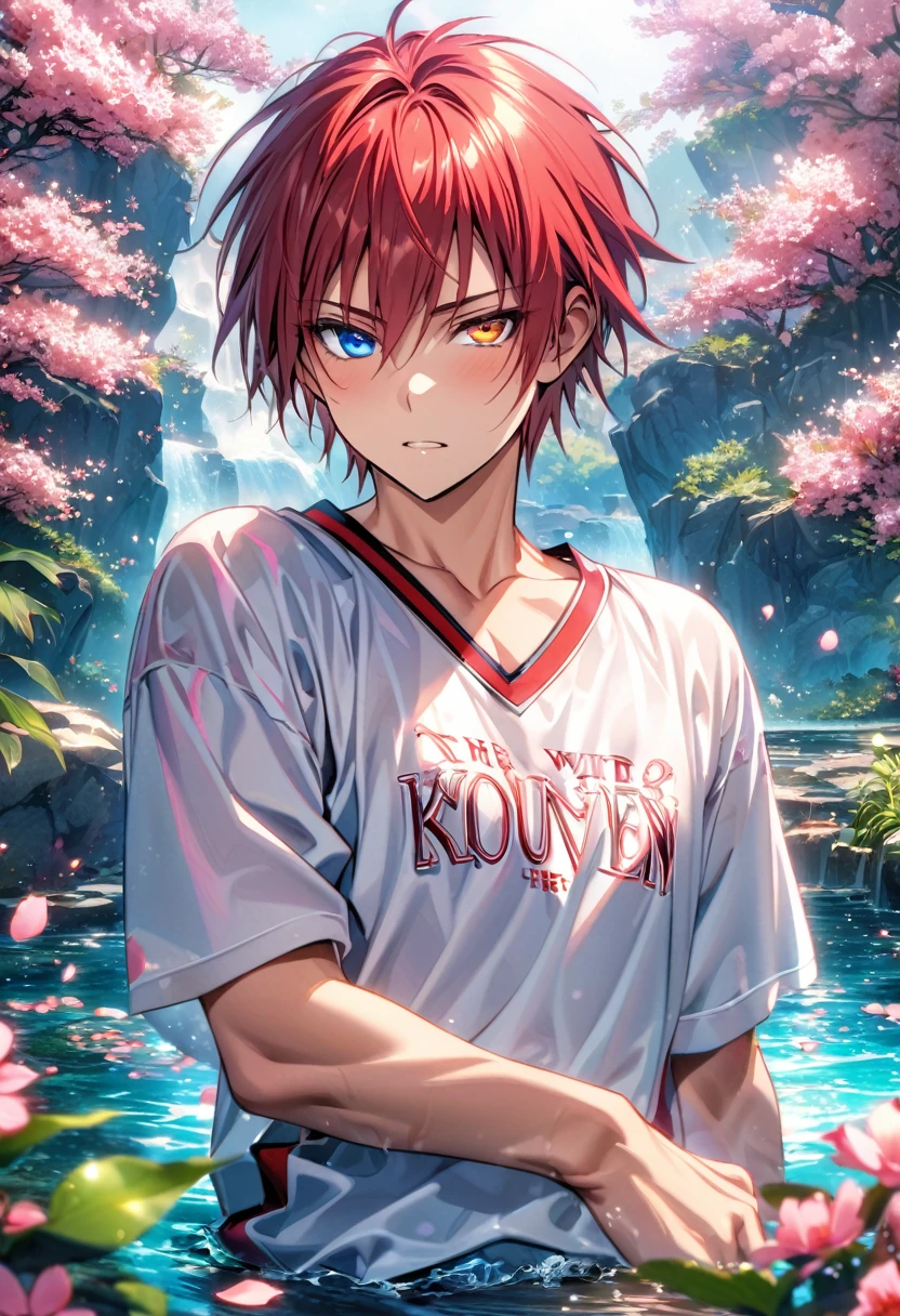 Ultra detailed, highres, absurdres, HDR, master piece, Akashi Seijuro, red hair, short bangs, short hair, Heterochromia, expressive right eye is red, left eye is orange, Kuroko No Basket, fantasy, pink petals, water, pink flowers, handsome, sexy man, solo, best quality, blossoms, blue shining fireflies, white basketball clothes, the word "Krozseria" is written on his shirt