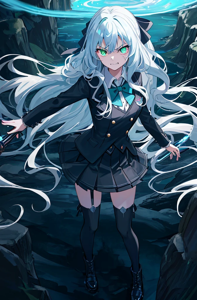 deep cave background,original,(illustration:1.1),(best quality),(masterpiece:1.1),(extremely detailed CG unity 8k wallpaper:1.1), (colorful:0.9),(mid shot:0.95),(highly detailed beautiful face and body),(solo:1.2), (girl),(((adult))), (detailed beautiful eyes:1.15), (beautiful face:1.15), (glowing green eyes:1.25////),((jewel-like eyes)),(petite),(cute girl),(((blue long hair))),((blue long hair)),(wavy hair),((wavy hair)),(+perfect hand+:1.21),(gothic school uniform),(Religious),(slender),(black clothes),(gothic ribbon),ribbon tie,small breasts,miniskirt,gothic boots,black thighhighs,slim body,(evil smile),detailed background,eluding,erotic thighs,((look up to)),((stand ready for enemy attack)),((deep in the cave)),((angle from above)),(angry),