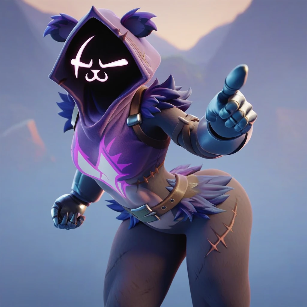 Raven team leader,purple hoodie, with no face, shadowed face, animal ears,purple skin, scar on eye, body skin, purple fur, waist belt, torso symbol, metal gloves, pointing your ass at the viewer, leaning forward, pushing, she closes her eyes, hands resting on top of a small wall, her with her eyes closed, hands are not in the air, expression of force, stomachache, stomach growling. scenery and a sunny day